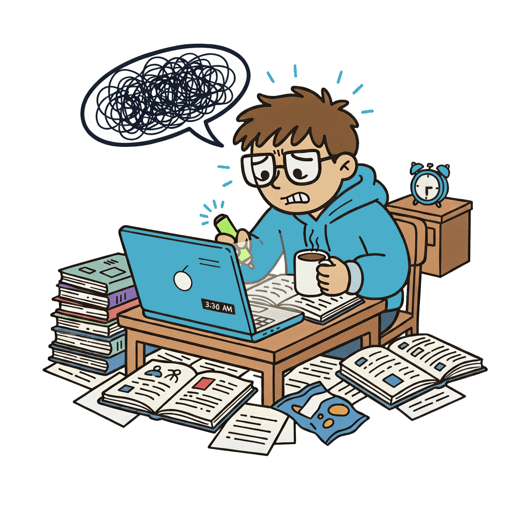 Student studying with organized materials and digital tools